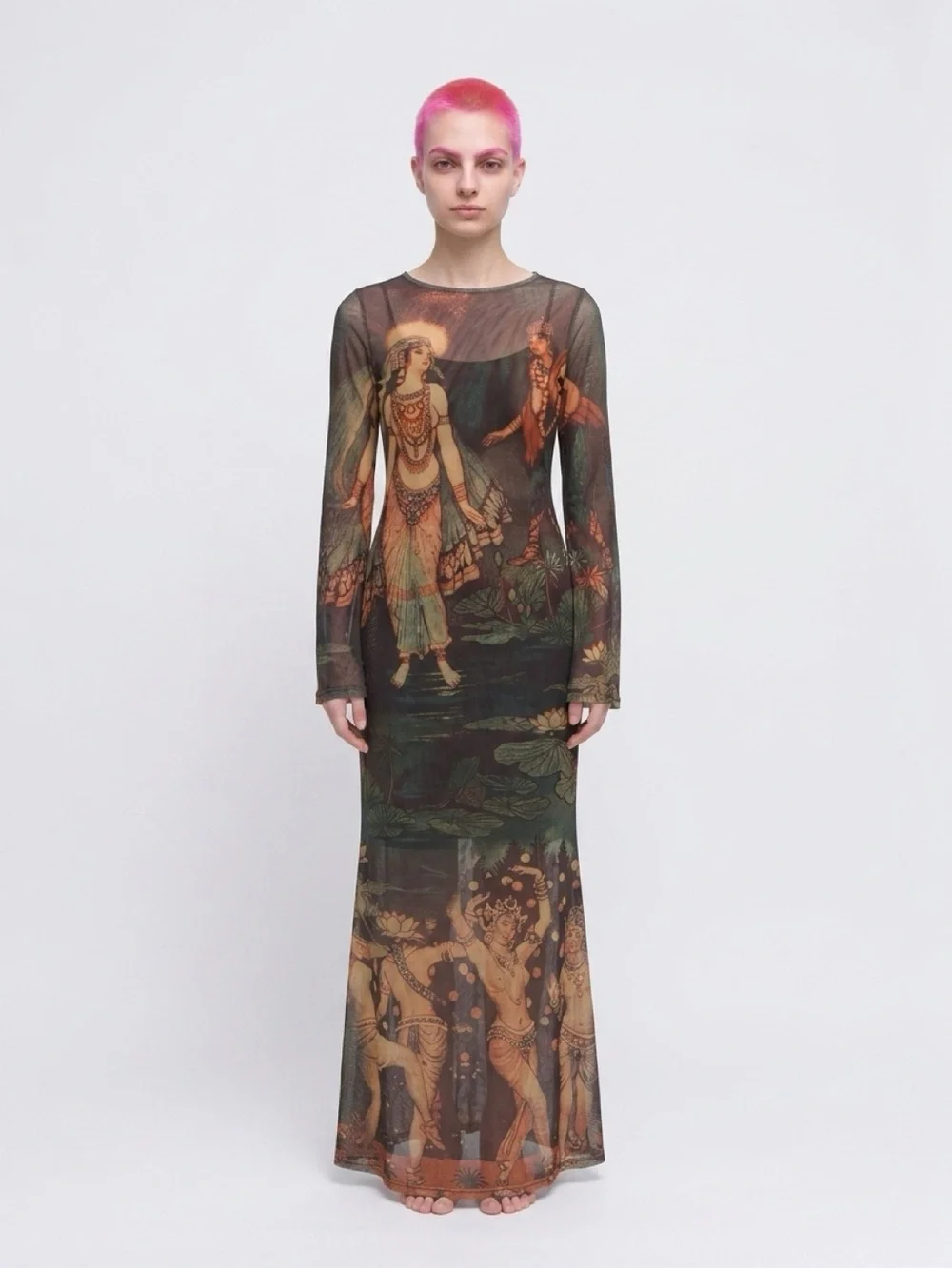 Sheer Y2K Style Long-Sleeve Printed Maxi Dress Shantanu Meets Goddess Ganga Art